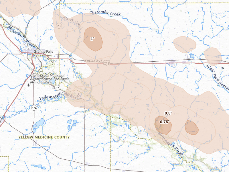 Radar-estimated hail-size map of the storm over Sacred Heart, MN on Jul 19, 2026