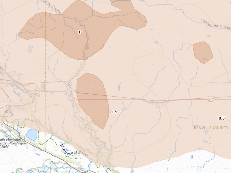 Radar-estimated hail-size map of the storm over Sacred Heart, MN on Aug 7, 2026