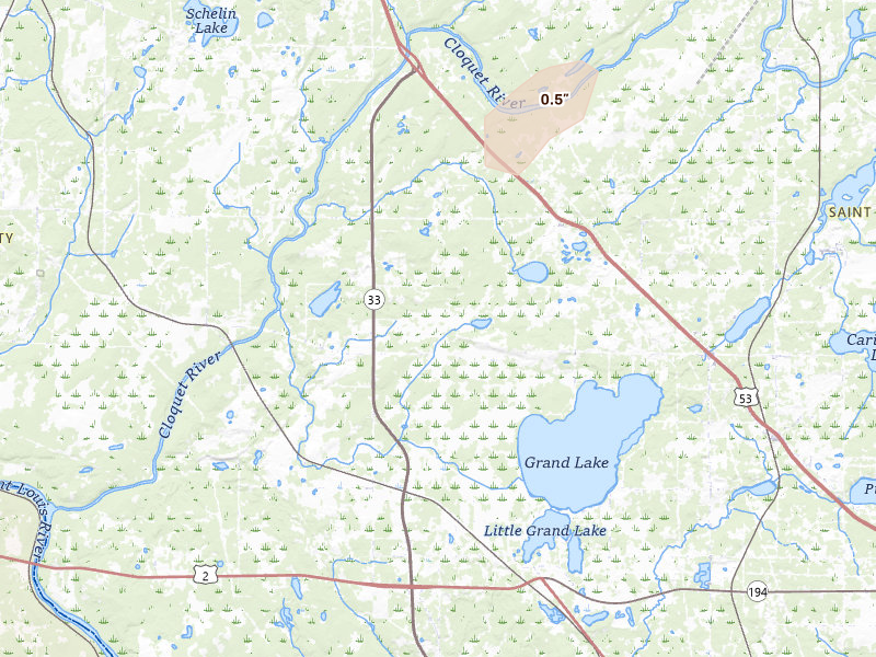 Radar-estimated hail-size map of the storm over Saginaw, MN on May 11, 2026