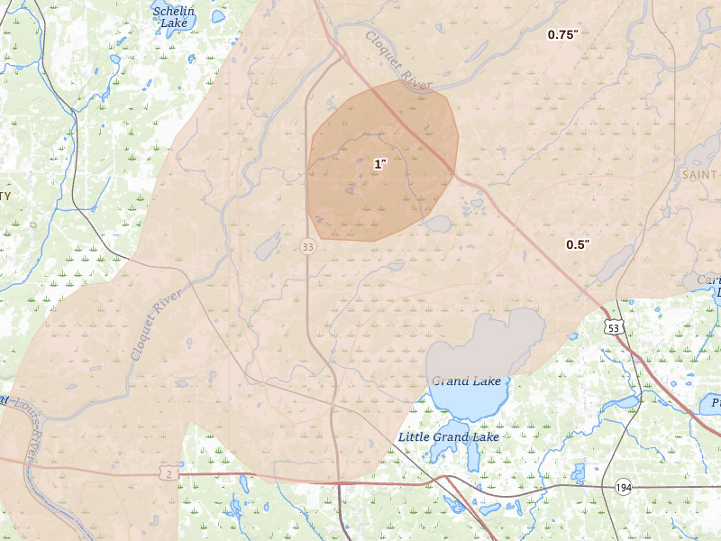 Radar-estimated hail-size map of the storm over Saginaw, MN on Jun 29, 2026