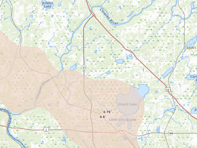 Radar-estimated hail-size map of the storm over Saginaw, MN on Jul 17, 2026