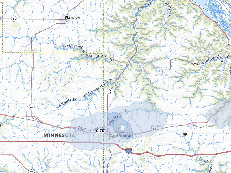 NEXRAD radar-signature map of the hail storm over Saint Charles, MN on Mar 30, 2026