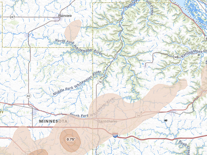 Radar-estimated hail-size map of the storm over Saint Charles, MN on Apr 17, 2026