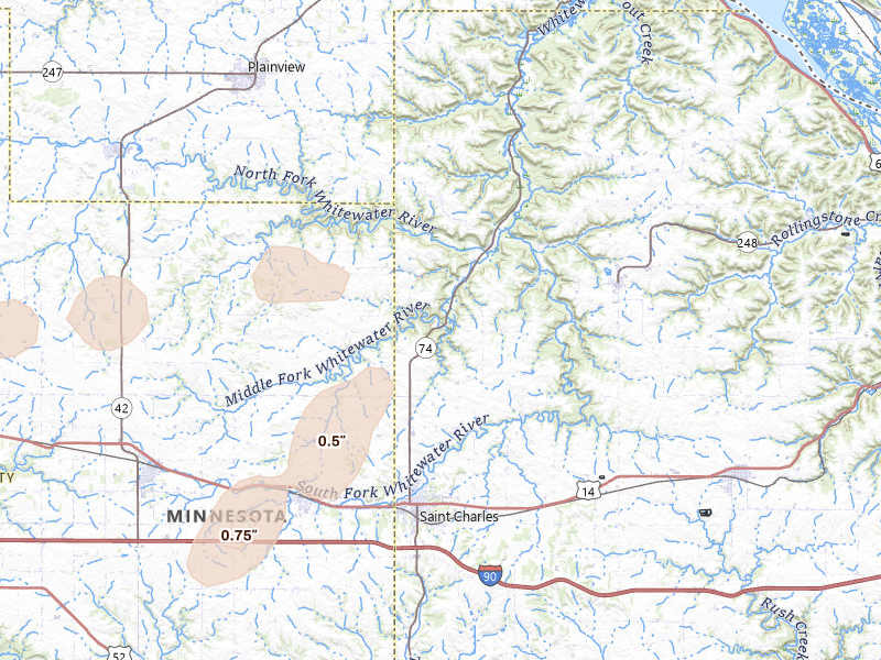 Radar-estimated hail-size map of the storm over Saint Charles, MN on Jun 10, 2026
