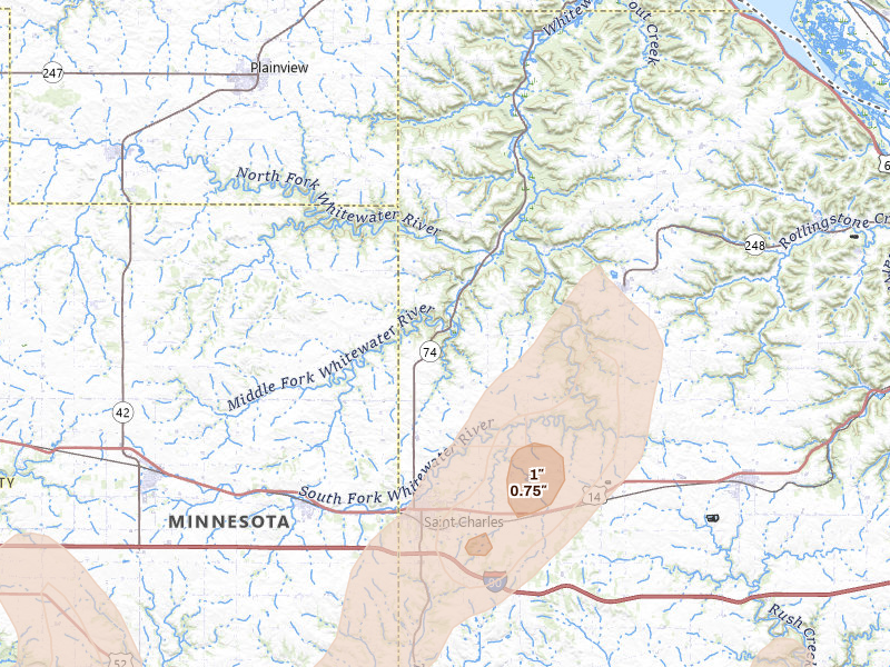 Radar-estimated hail-size map of the storm over Saint Charles, MN on Jun 30, 2026