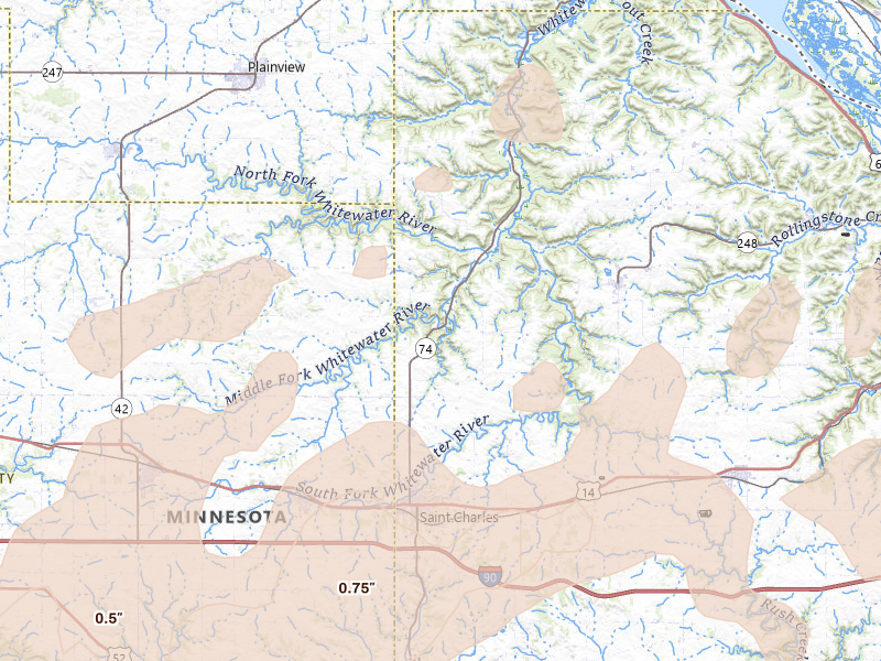 Radar-estimated hail-size map of the storm over Saint Charles, MN on Jul 1, 2026
