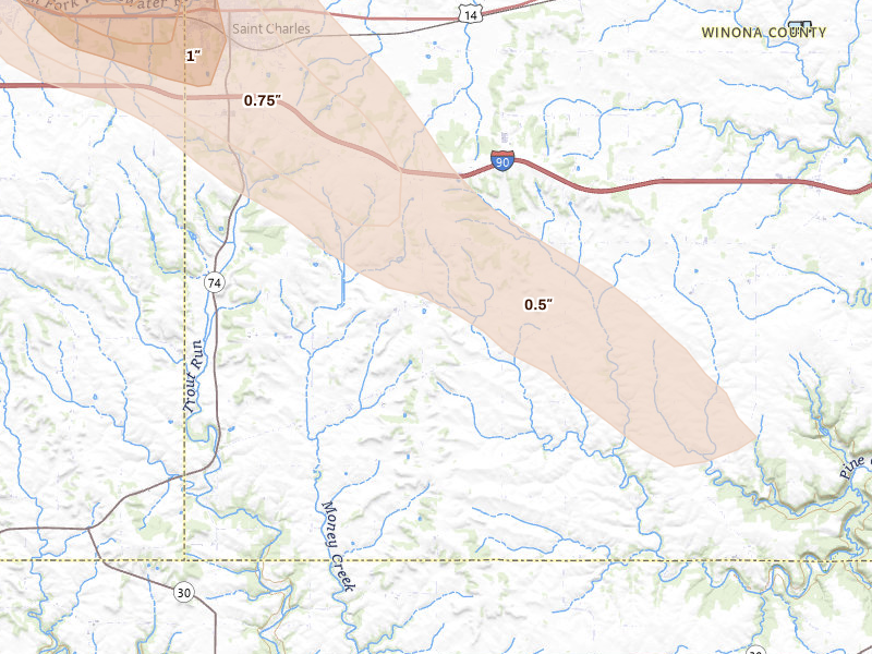 Radar-estimated hail-size map of the storm over Saint Charles, MN on Aug 18, 2026