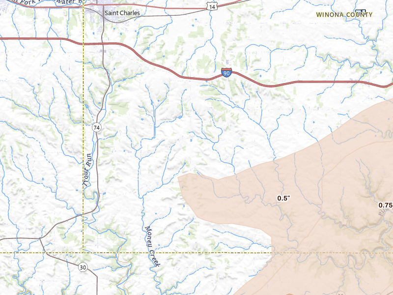 Radar-estimated hail-size map of the storm over Saint Charles, MN on Sep 1, 2026