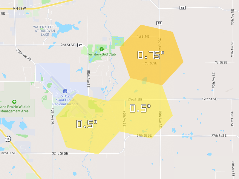 Hail map of Saint Cloud, MN on Jun 29, 2026, hail up to 0.75"