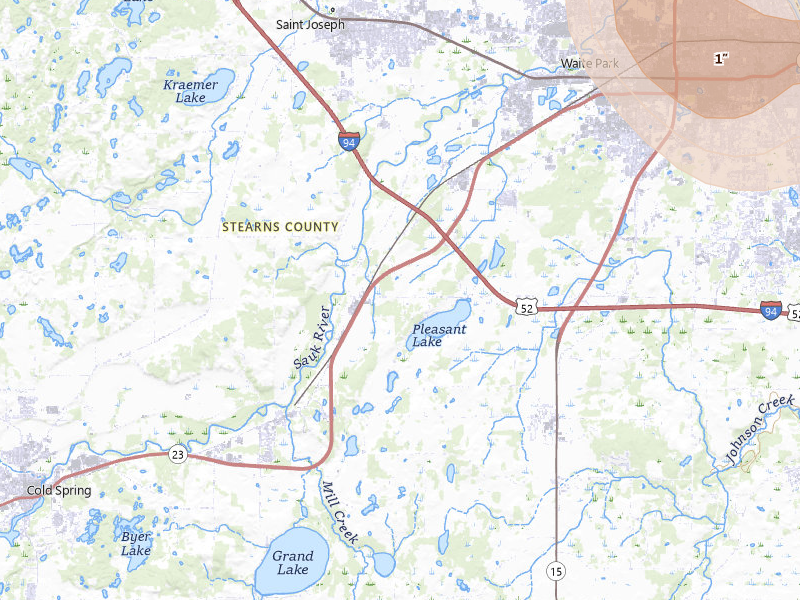 Radar-estimated hail-size map of the storm over Saint Cloud, MN on Jul 4, 2026