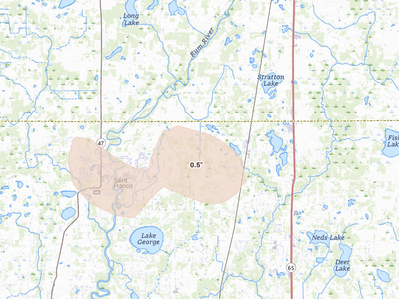 Radar-estimated hail-size map of the storm over Saint Francis, MN on Aug 8, 2026