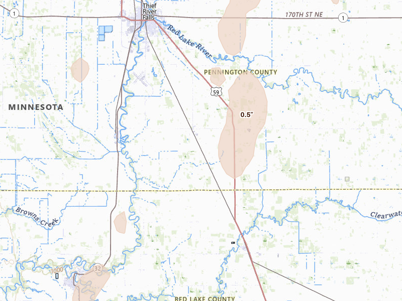 Radar-estimated hail-size map of the storm over Saint Hilaire, MN on Jun 10, 2026
