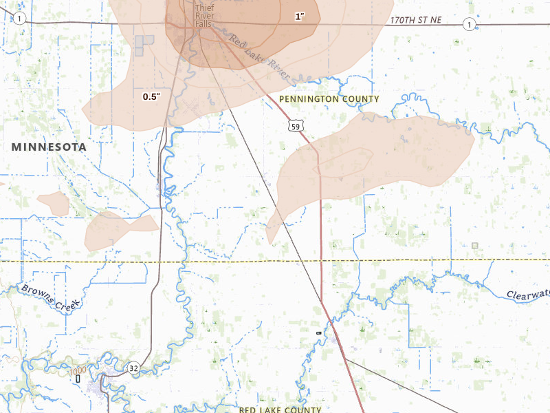 Radar-estimated hail-size map of the storm over Saint Hilaire, MN on Jul 6, 2026