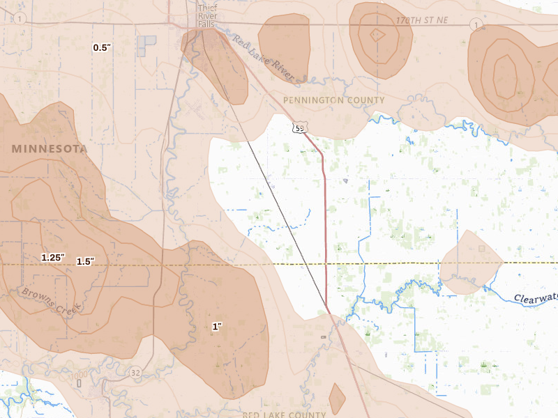 Radar-estimated hail-size map of the storm over Saint Hilaire, MN on Jul 24, 2026