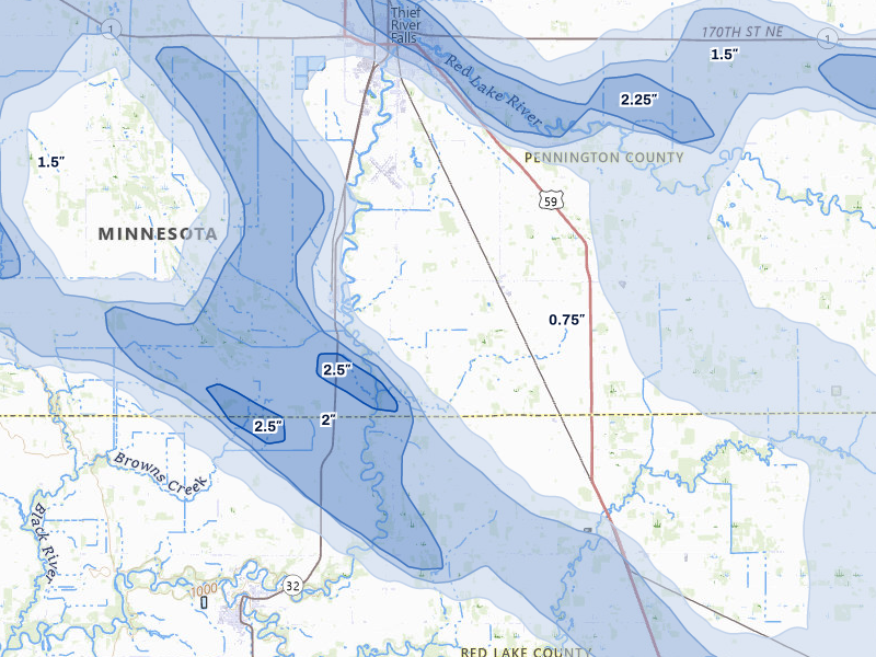 NEXRAD radar-signature map of the hail storm over Saint Hilaire, MN on Jul 24, 2026