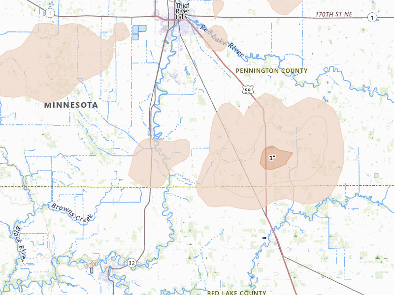 Radar-estimated hail-size map of the storm over Saint Hilaire, MN