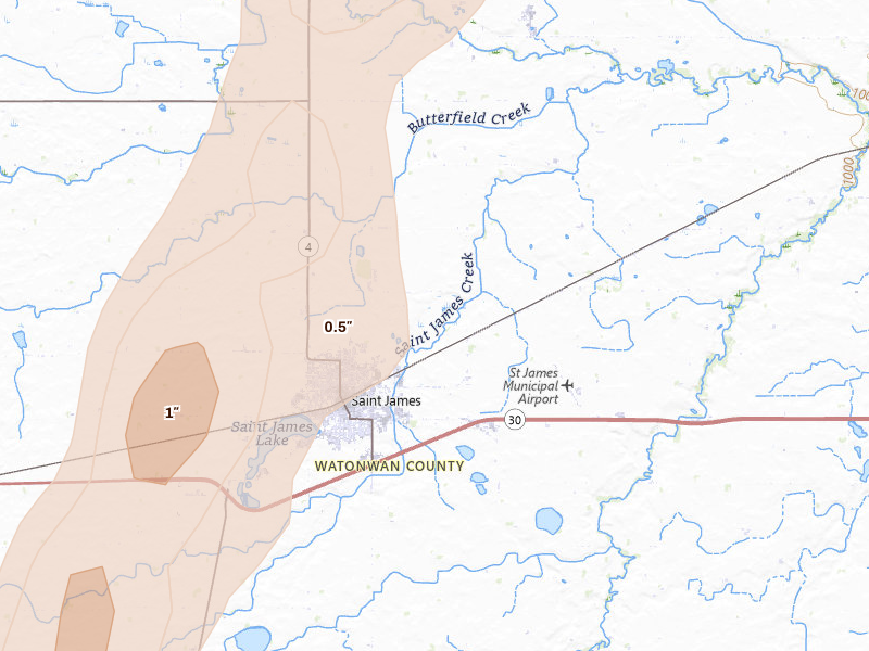 Radar-estimated hail-size map of the storm over Saint James, MN on May 17, 2026