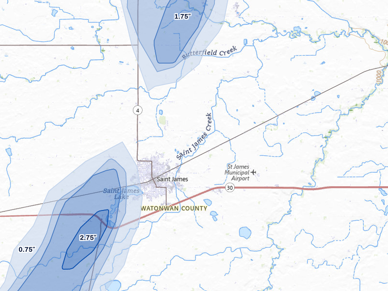 NEXRAD radar-signature map of the hail storm over Saint James, MN on May 17, 2026
