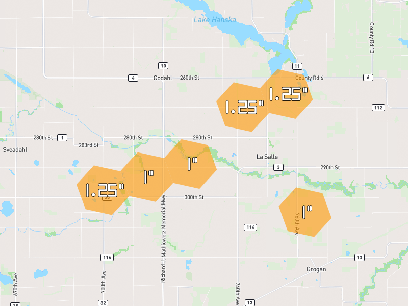 Hail map of Saint James, MN on Jul 3, 2026, hail up to 1.25"
