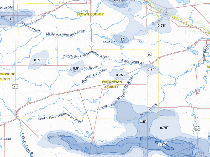 NEXRAD radar-signature map of the hail storm over Saint James, MN on Aug 7, 2026