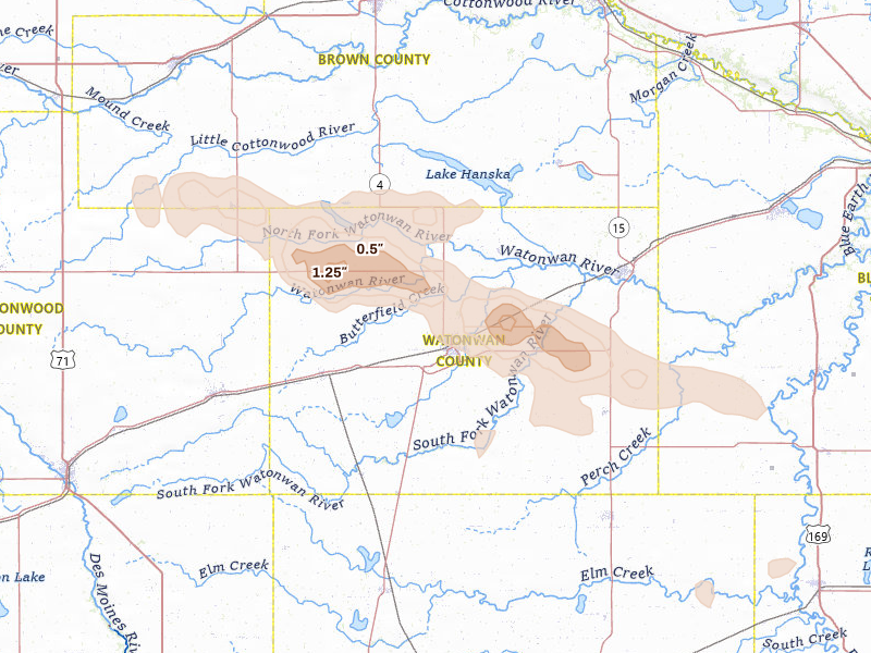 Radar-estimated hail-size map of the storm over Saint James, MN on Aug 8, 2026