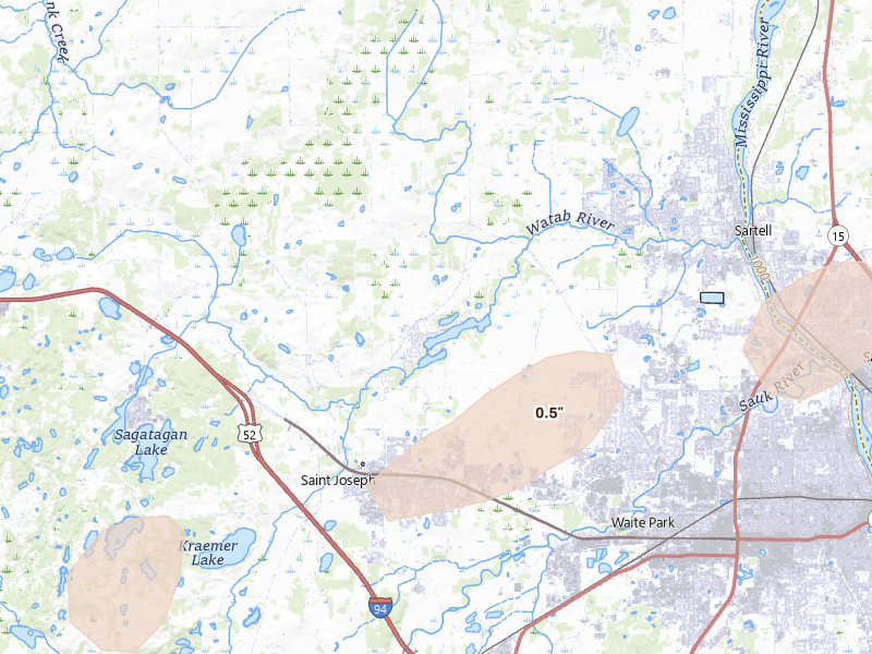 Radar-estimated hail-size map of the storm over Saint Joseph, MN on Aug 3, 2026