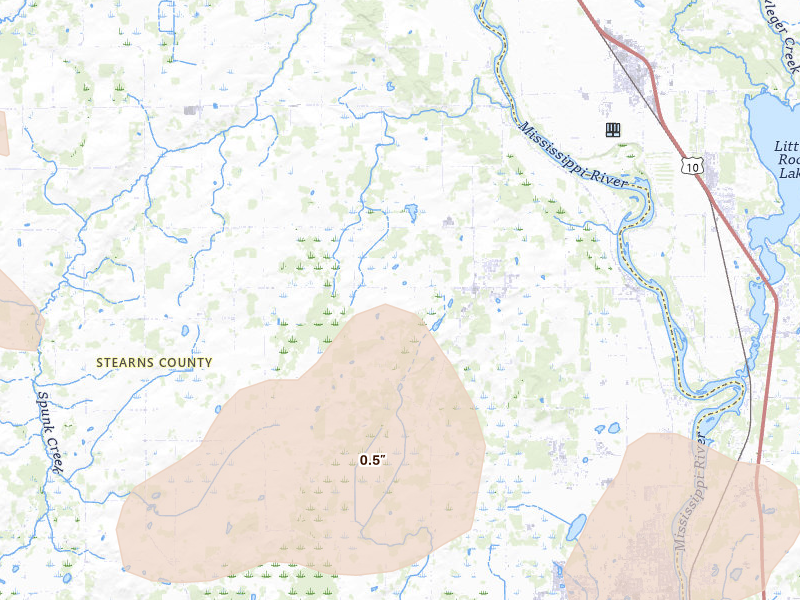 Radar-estimated hail-size map of the storm over Saint Joseph, MN on Aug 8, 2026