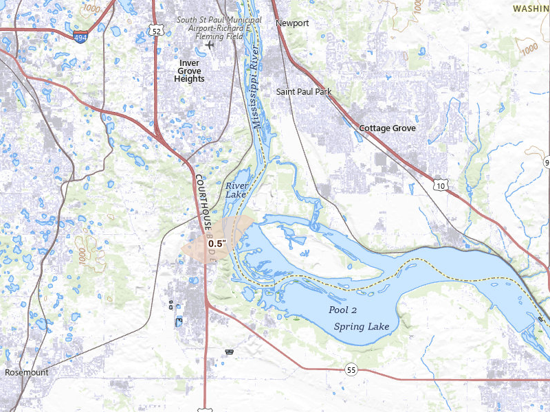 Radar-estimated hail-size map of the storm over Saint Paul Park, MN on Aug 3, 2026