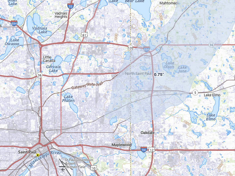 NEXRAD radar-signature map of the hail over Saint Paul, MN