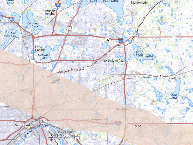 Radar-estimated hail-size map of the storm over Saint Paul, MN on Jun 19, 2026