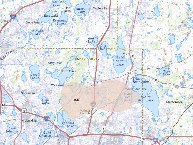 Radar-estimated hail-size map of the storm over Saint Paul, MN on Aug 8, 2026