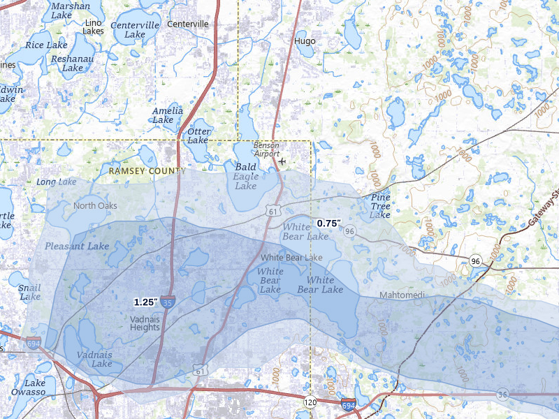 NEXRAD radar-signature map of the hail storm over Saint Paul, MN on Aug 8, 2026