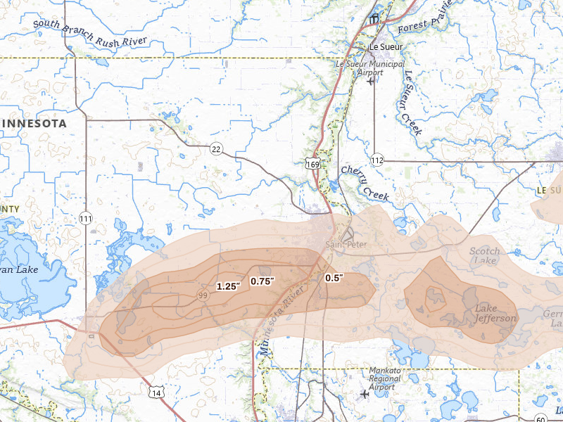 Radar-estimated hail-size map of the storm over Saint Peter, MN on Apr 13, 2026