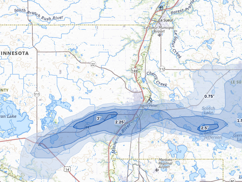 NEXRAD radar-signature map of the hail storm over Saint Peter, MN on Apr 13, 2026