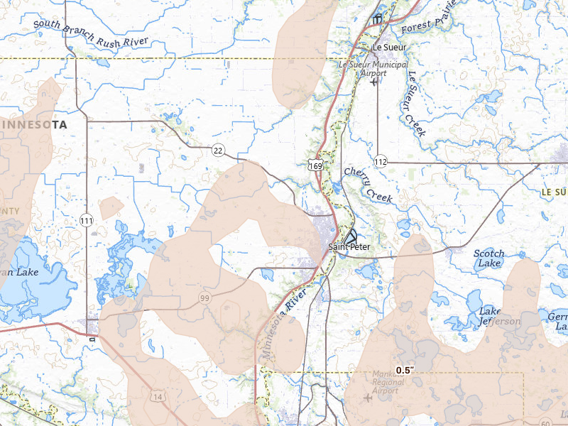 Radar-estimated hail-size map of the storm over Saint Peter, MN on Apr 17, 2026