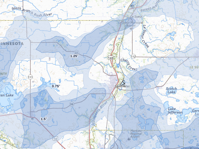NEXRAD radar-signature map of the hail storm over Saint Peter, MN on Apr 17, 2026