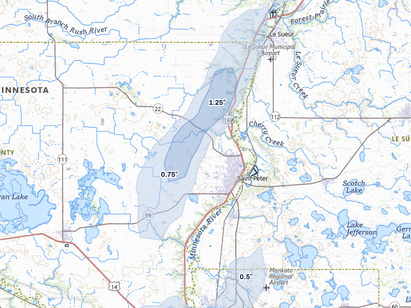 NEXRAD radar-signature map of the hail storm over Saint Peter, MN on Apr 23, 2026