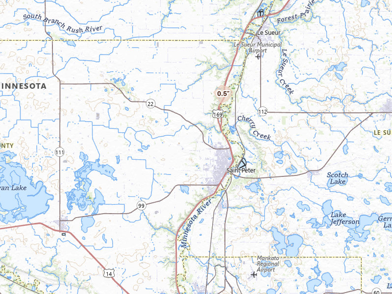 Radar-estimated hail-size map of the storm over Saint Peter, MN on May 18, 2026