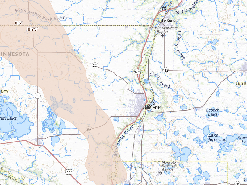 Radar-estimated hail-size map of the storm over Saint Peter, MN on May 24, 2026