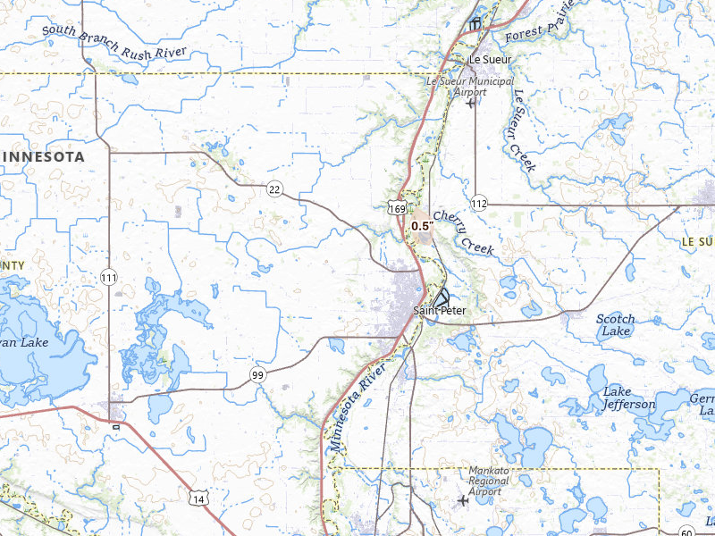 Radar-estimated hail-size map of the storm over Saint Peter, MN on Jun 7, 2026