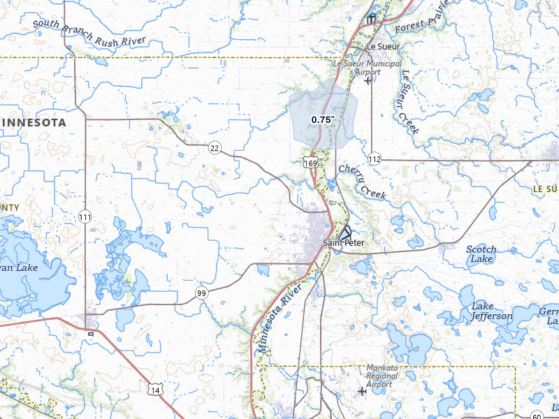 NEXRAD radar-signature map of the hail storm over Saint Peter, MN on Jun 7, 2026