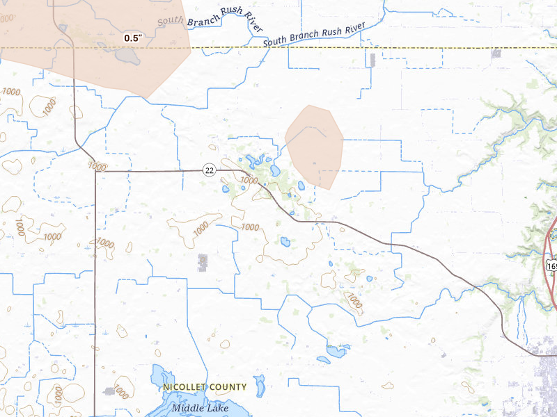 Radar-estimated hail-size map of the storm over Saint Peter, MN on Aug 8, 2026