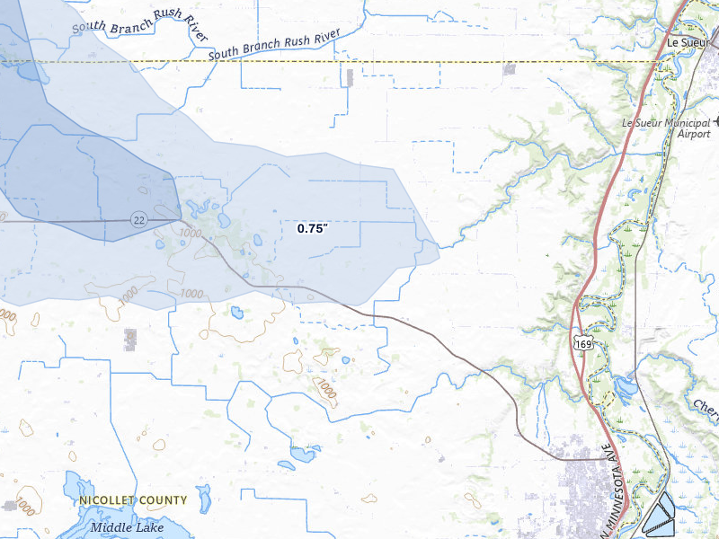 NEXRAD radar-signature map of the hail storm over Saint Peter, MN on Aug 8, 2026