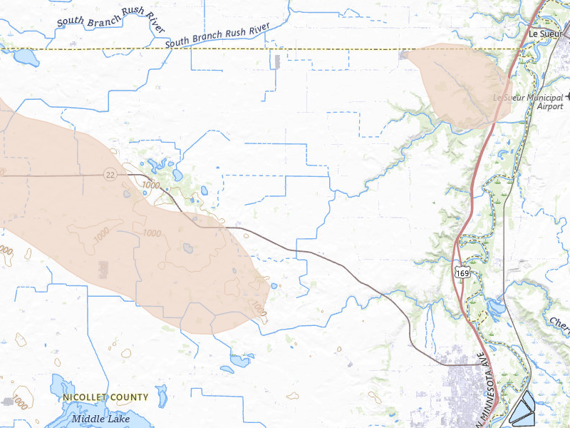 Radar-estimated hail-size map of the storm over Saint Peter, MN on Aug 17, 2026