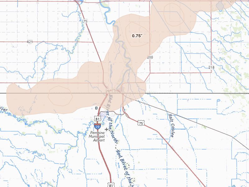 Radar-estimated hail-size map of the storm over Saint Vincent, MN on Aug 24, 2026