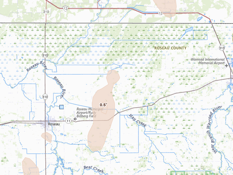 Radar-estimated hail-size map of the storm over Salol, MN on Jun 10, 2026