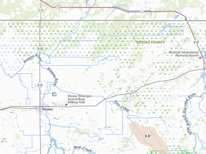 Radar-estimated hail-size map of the storm over Salol, MN on Jun 15, 2026