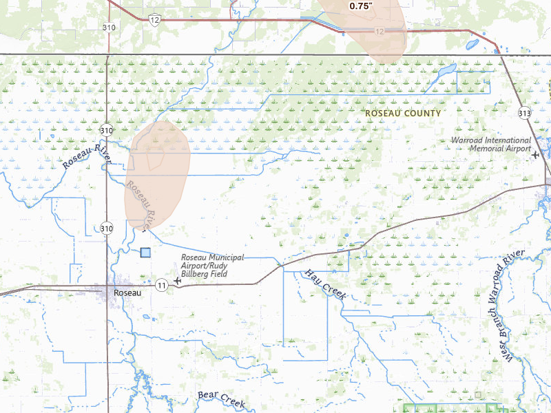 Radar-estimated hail-size map of the storm over Salol, MN on Jul 4, 2026