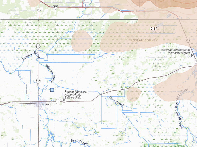 Radar-estimated hail-size map of the storm over Salol, MN on Jul 6, 2026