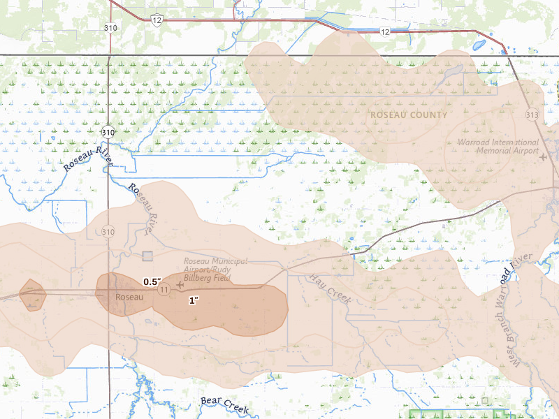 Radar-estimated hail-size map of the storm over Salol, MN on Jul 16, 2026